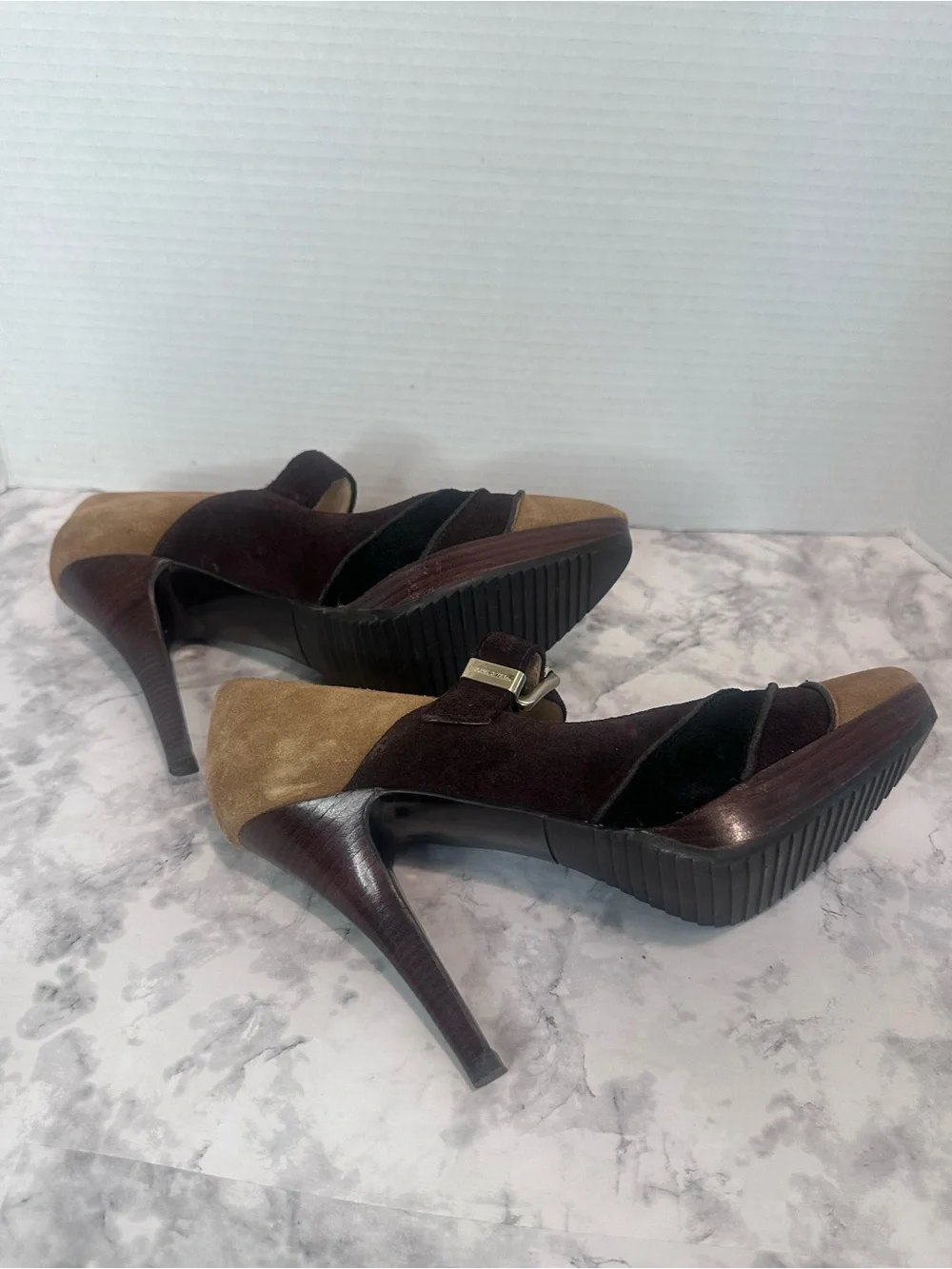 Michael Kors Suede Mary Jane Platform Heels Brown/Tan Pointed Toe Size 8